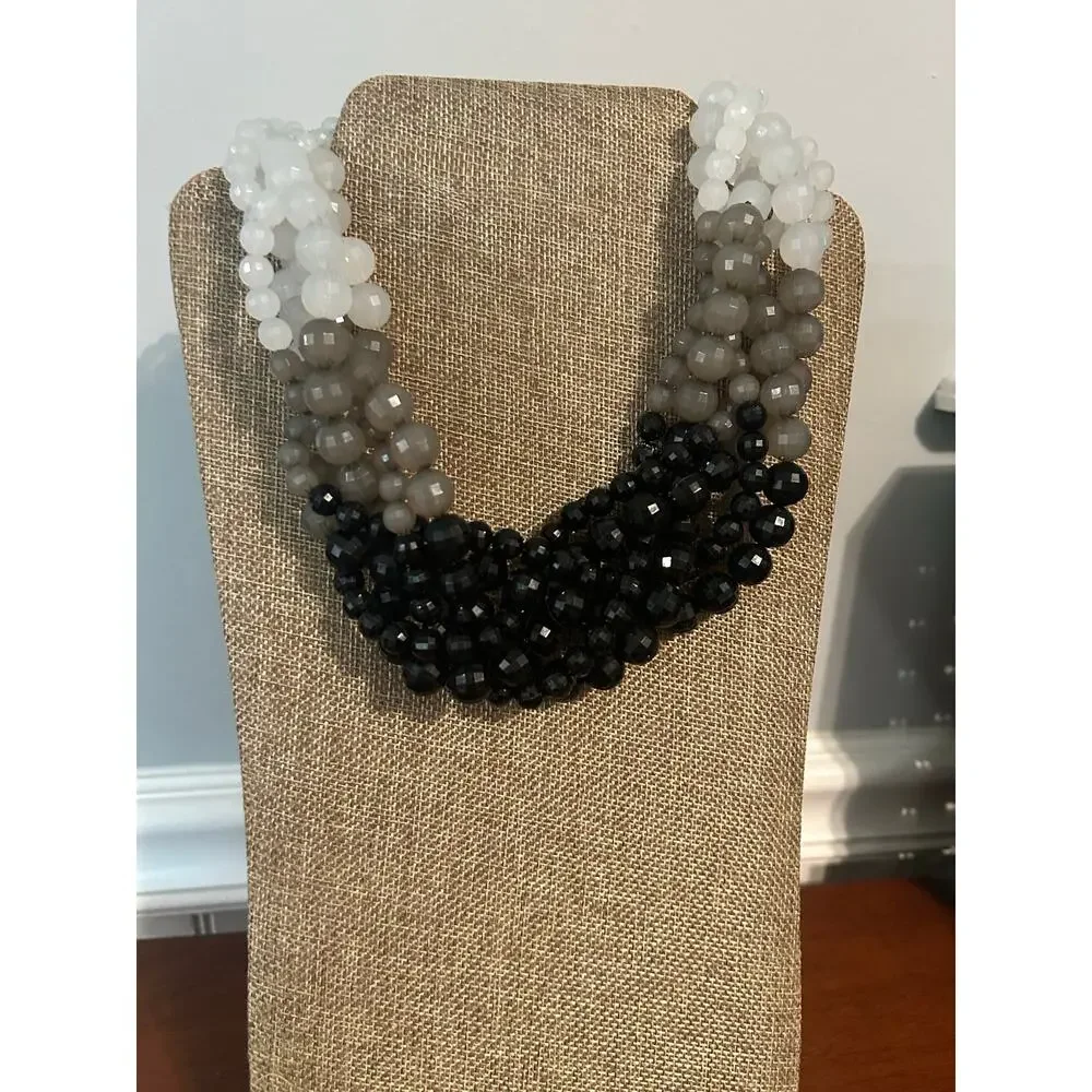 Multi Strand Ombre Bead Necklace Black Gray White Gradient Statement 18 Inch